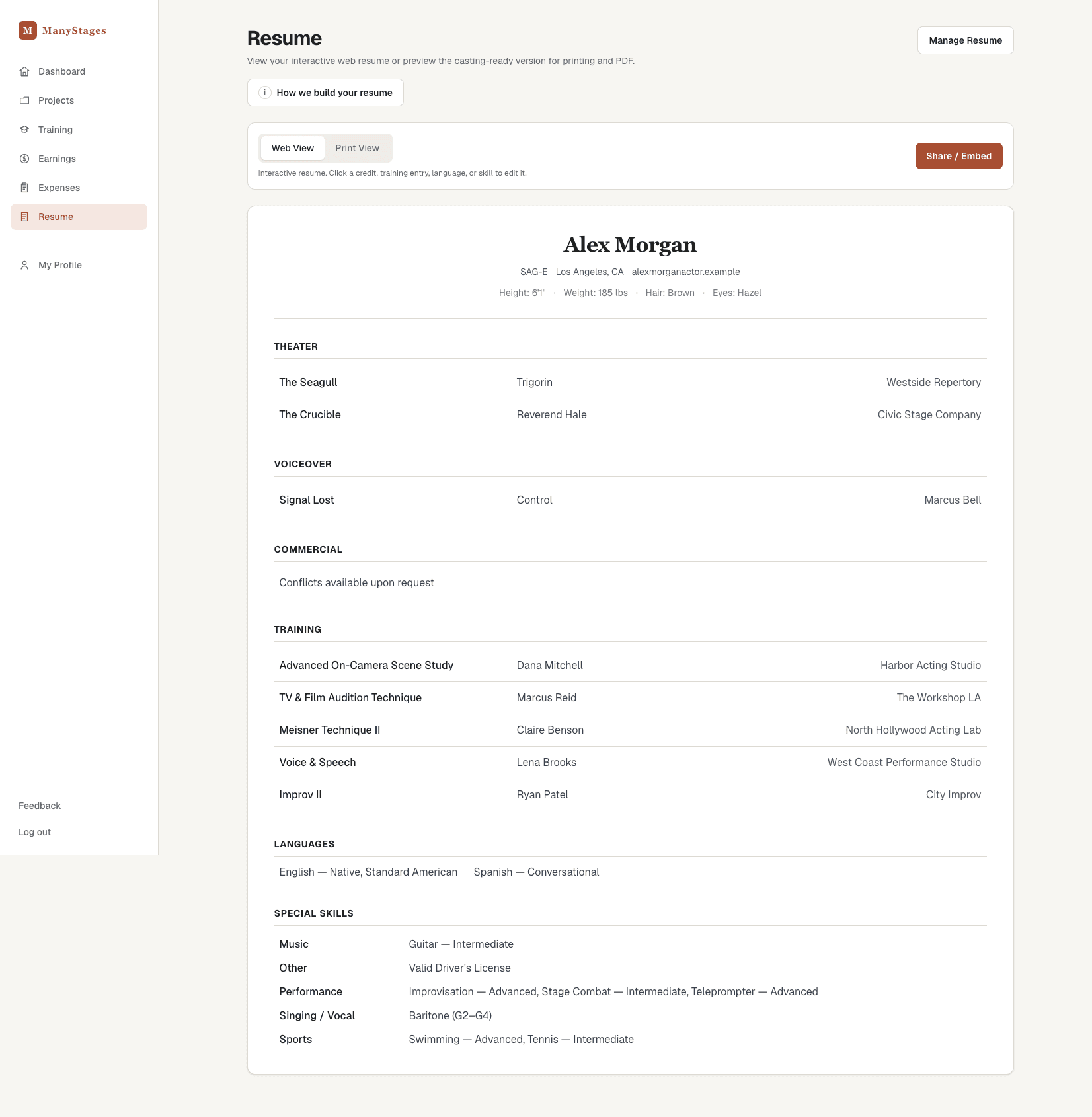 ManyStages web resume generated from an actor's career archive